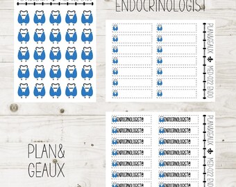 May include: A sheet of printable planner stickers with a blue thyroid gland icon and the text "ENDOCRINOLOGIST". The stickers are labeled "PLAN&GEAUX MED-022 ENDO".