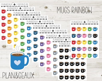 Coffee Mug Stickers, Cocoa Stickers, Tea Sticker, Rainbow Colors, Bullet Journal, Planner Stickers, FUN-818