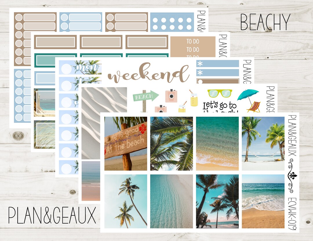 Beach Weekly Kit Planner Stickers, Sand and Surf Weekly Stickers, Beach ...