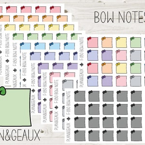 May include: A set of colorful and gray bow note stickers with the text "PLAN&GEAUX" and "F-180 BOW NOTE" printed on them. The stickers are arranged in rows and columns on a white background.
