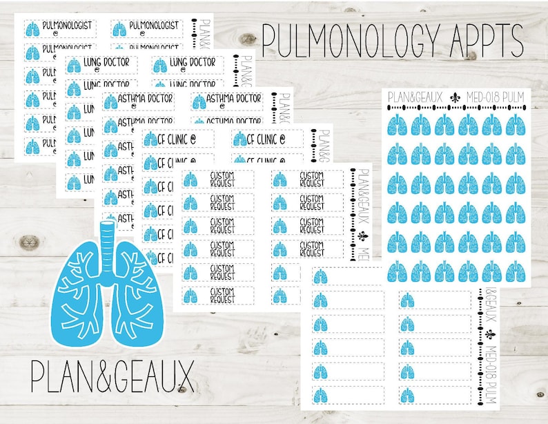 K&ouml;nnte beinhalten: Ein Satz bedruckbarer Planer-Aufkleber f&uuml;r Termine im Zusammenhang mit der Pneumologie. Die Aufkleber zeigen eine hellblaue Lungengrafik, den Text "PULMONOLOGY APPTS" und verschiedene Beschriftungen wie "Pneumologe", "Lungenarzt", "Asthmaarzt" und "CF-Klinik".