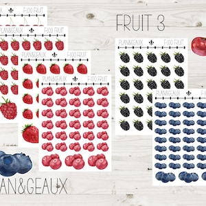 May include: A set of three sheets of stickers featuring various fruits. The first sheet has cherries, raspberries, and strawberries. The second sheet has blueberries and cranberries. The third sheet has blackberries and blueberries. Each sheet has the text "PLAN&GEAUX" and "F-100 FRUIT" printed on it.