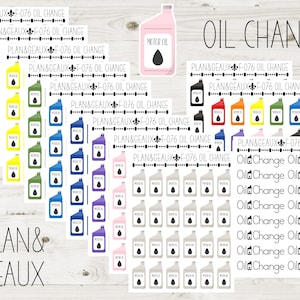 May include: A set of colorful oil change reminder stickers with the text "PLAN&GEAUX F-076 OIL CHANGE" and "Oil Change Oil Change" repeated multiple times. The stickers feature various oil can illustrations in different colors.