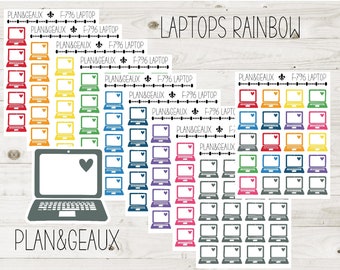 May include: A set of 48 colorful laptop stickers with a heart in the screen. The stickers are arranged in a rainbow pattern. The text "PLAN&GEAUX F-796 LAPTOP" is repeated on each sticker. The text "LAPTOPS RAINBOW" is at the top of the image.