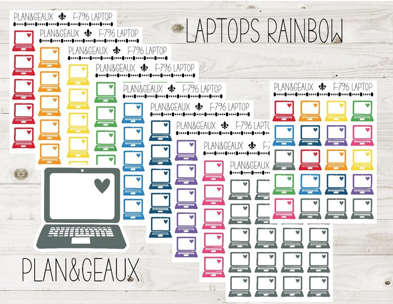 Może przedstawiać: Zestaw 48 kolorowych naklejek na laptopa z sercem na ekranie. Naklejki są ułożone w tęczę. Tekst "PLAN&GEAUX F-796 LAPTOP" jest powtarzany na każdej naklejce. Tekst "LAPTOPS RAINBOW" znajduje się u g&oacute;ry obrazu.