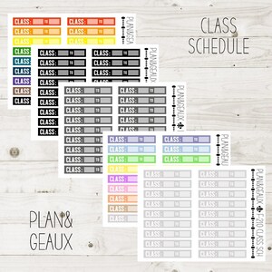 May include: A set of colorful planner stickers with the text "PLAN & GEAUX" and "CLASS SCHEDULE". The stickers are designed for use in a planner or journal to organize classes and schedules. The stickers feature different colors and designs, including rainbow, gray, and pastel colors.