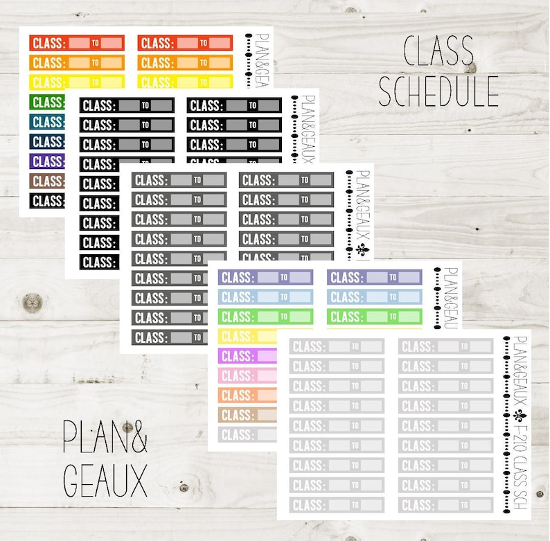 Puede incluir: Un conjunto de pegatinas de planificador coloridas con el texto "PLAN & GEAUX" y "CLASS SCHEDULE". Las pegatinas est&aacute;n dise&ntilde;adas para usar en un planificador o diario para organizar clases y horarios. Las pegatinas presentan diferentes colores y dise&ntilde;os, incluyendo arco&iacute;ris, gris y colores pastel.