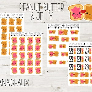May include: A sheet of 148 peanut butter and jelly themed stickers. The stickers feature cute cartoon faces on slices of bread with peanut butter and jelly. The stickers are arranged in rows and columns on a white background. The text "PLAN&GEAUX F-148 MATCHES" is printed at the top of the sheet.