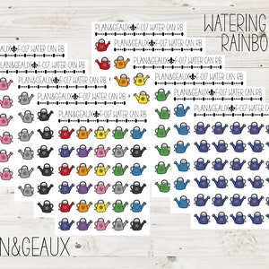 May include: A sheet of stickers featuring colorful watering cans in a rainbow of colors. The stickers include text that reads "WATERING CAN RAINBOW" and "PLAN&GEAUX F-017 WATER CAN RB". The watering cans are in various colors including red, orange, yellow, green, blue, purple, and black.