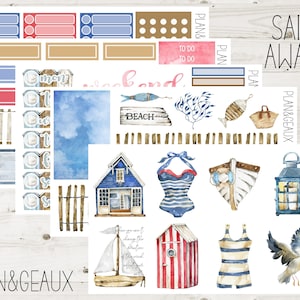 May include: A set of watercolor stickers featuring a nautical theme. The stickers include a lighthouse, a sailboat, a beach house, a seashell, a starfish, a fish, a life preserver, a swimsuit, a beach umbrella, a seagull, and a wooden fence. The stickers are perfect for adding a touch of summer to your planner, journal, or scrapbook.