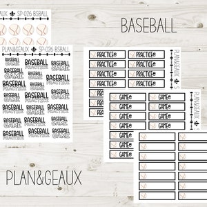 May include: A set of baseball-themed planner stickers with black and white text and images of baseballs. The stickers include the words "Baseball Game", "Baseball Practice", and "Practice".