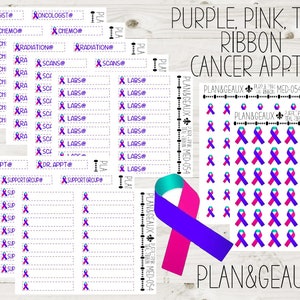 May include: Purple, pink, and teal ribbon stickers with the text "PLAN&GEAUX" and "PURPLE PINK TEAL RIBBON MED-054". The stickers are designed to represent cancer awareness.