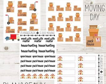 May include: A collection of moving-themed planner stickers. The stickers feature images of moving boxes, a moving truck, and text such as "pack house", "house hunting", and "open house". The stickers are designed with a clean, minimalist aesthetic.