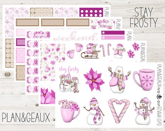 Stay Frosty Pink Snowman Weekly Kit Planner Stickers, Snowman Weekly Stickers, Week Stickers, Erin Condren Bullet Journal, ECV-WK 070