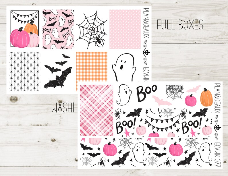 May include: A set of printable Halloween themed planner stickers featuring ghosts, bats, pumpkins, spiders, and the words "Boo!" and "Creep It Real".