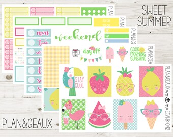 May include: A set of colorful planner stickers with a summer theme. The stickers feature images of pineapples, lemons, strawberries, watermelon, ice cream, and flamingos. The text "Sweet Summer" is at the top of the sheet. The text "Plan & Geaux" is at the bottom of the sheet.