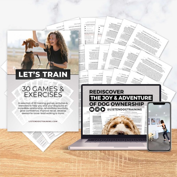 Paquete de ejercicios profesionales de adiestramiento canino de 34 páginas / Soluciones eficaces para el comportamiento canino / Guía de entrenamiento para la llamada, la correa suelta, la confianza y más