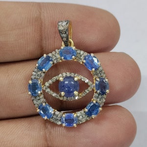 Natural Kyanite Pendant, Evil Eye Pendant, Pave Diamond Pendant, 925 Sterling Silver Pendant, Kyanite Necklace, Diamond Necklace