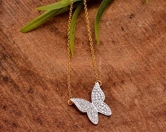 Diamond Butterfly Pendant, Pave Diamond Necklace, 925 Sterling Silver, Animal Pendant, Minimalist Necklace, Butterfly Jewelry