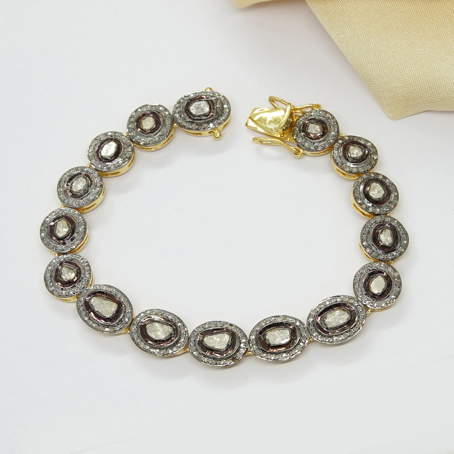 Polki Diamond Bracelet, 925 Sterling Silver Slice Diamond Gold Polish  Bracelet | eBay