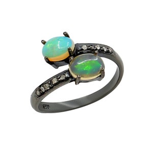 Natural Ethiopian Opal Ring, Pave Diamond Ring, 925 Sterling Silver Ring, Fire Opal Ring, Adjustable Ring, Natural Opal Ring, Stackable Ring