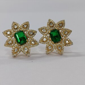 Emerald Cut Studs, Flower Studs, Cubic Zirconia Earrings, Flower Earrings, 925 Sterling Silver Stud, Art Deco Earrings, Gift For Her