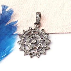 Diamond Sun Pendant, Sunburst Pendant, Antique Necklace, Pave Diamond Charm, Vintage Jewelry, 925 Sterling Silver Pendant, Pave Charm