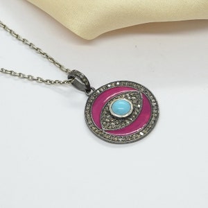 Turquoise Evil Eye Pendant, Diamond Evil Eye Necklace, Antique Diamond Necklace, 925 Sterling Silver Pendant, Enamel Pendant, Evil Eye Charm
