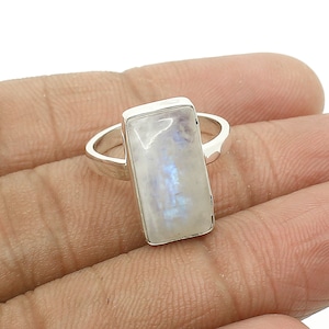 Natural Rainbow Moonstone Ring, 925 Sterling Silver Ring, Statement Ring, Long Rectangle Ring, Birthstone Ring, Midi Ring, Moonstone Jewelry