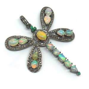 Natural Ethiopian Opal Pendant, Dragonfly Pendant, Diamond Pendant, 925 Sterling Silver Necklace, Dragonfly Jewelry, Multi Stone Pendant