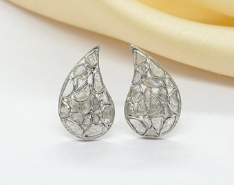Polki Diamond Studs, Diamond Jewelry, Women Earrings, Polki Earrings, Art Deco Earrings, 925 Sterling Silver Studs, Gift For Her