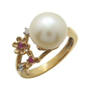 Natural Freshwater Pearl Ring, Pearl Wedding Ring, CZ Diamond Ring, Dainty Flower Ring, Art Deco Engagement, 925 Sterling Silver Ring