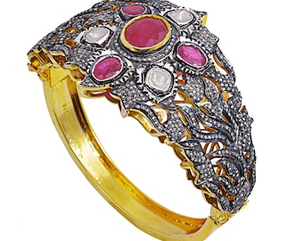 Natural Ruby Bangle, Polki Diamond Bangle, Pave Diamond Bangle, Multi Stone Bangle, Wedding Gift, Statement Jewelry, 925 Sterling Silver