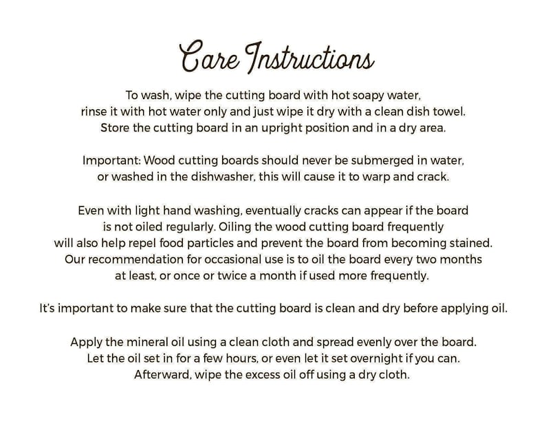a set of instructions for cleaning a cutting board, including steps such as washing, wiping, and applying oil. The text is written in a clear, easy-to-read font and provides detailed guidance on how to properly care for and maintain the cutting board.