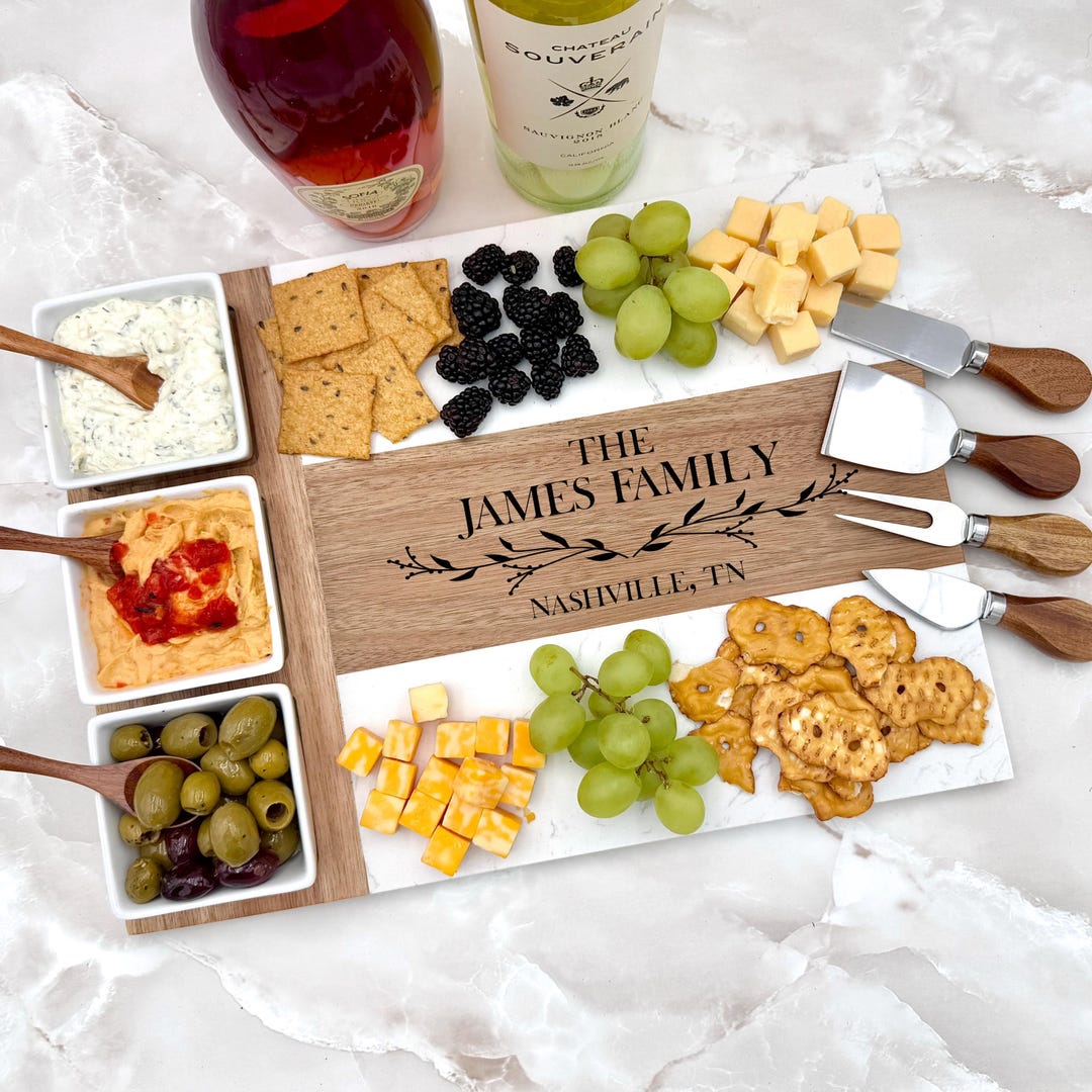 Personalized Marble Acacia Charcuterie Board Set, Laser Engraved - Etsy