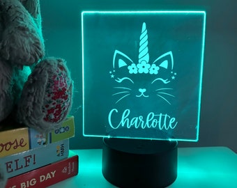 Personalized Kids Caticorn Night Light, Cat Unicorn, Color Changing Acrylic Nightlight, Girls Birthday Gift, Girls Bedroom Decor, Nursery