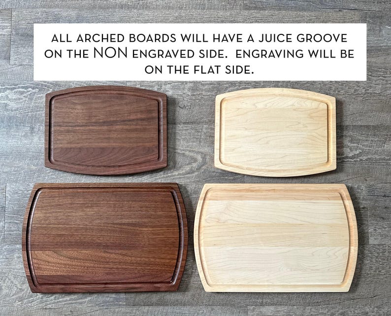 four different types of wooden cutting boards, each with a unique shape and size, arranged on a wooden surface.