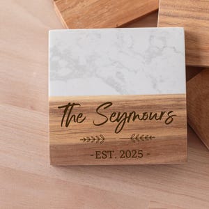 Personalized Wood & Marble Coasters – Custom Engraved Drink Coasters, Housewarming Gift, Wedding Gift, Modern Home Decor – Set of 4