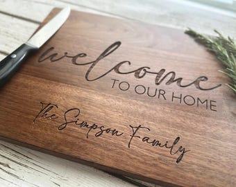 Personalized Walnut Cutting Board, Welcome Home Gift, Engraved Family Name