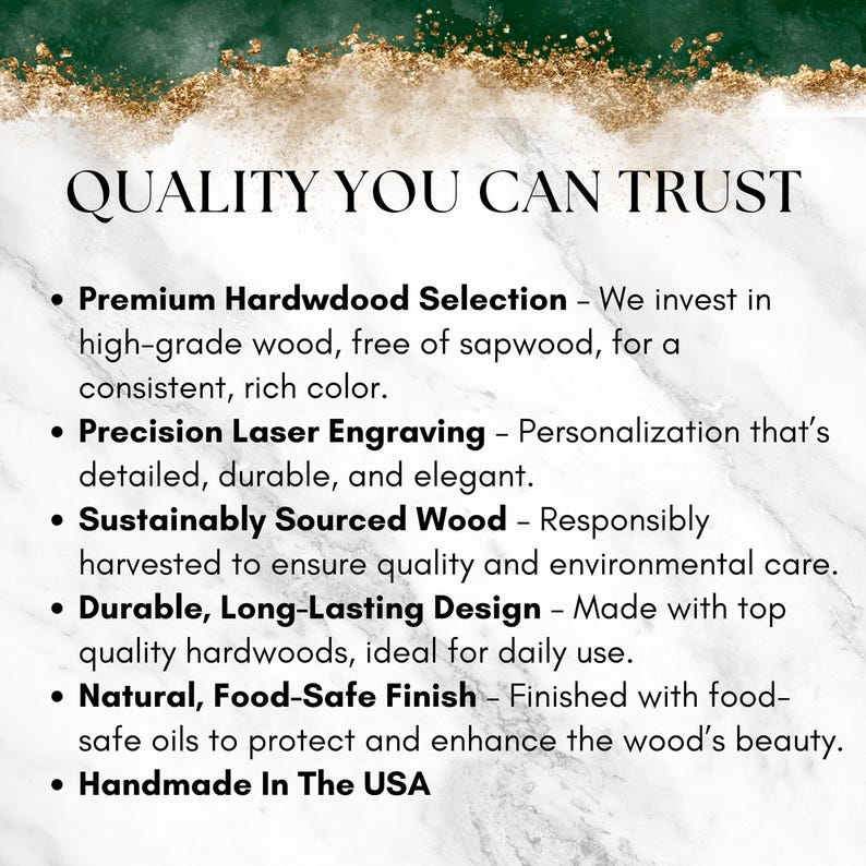 The image is a list of features and benefits of premium hardwood selection, precision laser engraving, sustainably sourced wood, durable, long-lasting design, and a natural, food-safe finish.