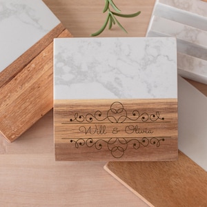 Personalized Wood & Marble Coasters – Custom Engraved Drink Coasters, Housewarming Gift, Wedding Gift, Modern Home Decor – Set of 4
