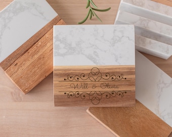 Personalized Wood & Marble Coasters – Engraved Drink Coasters, Set of 4