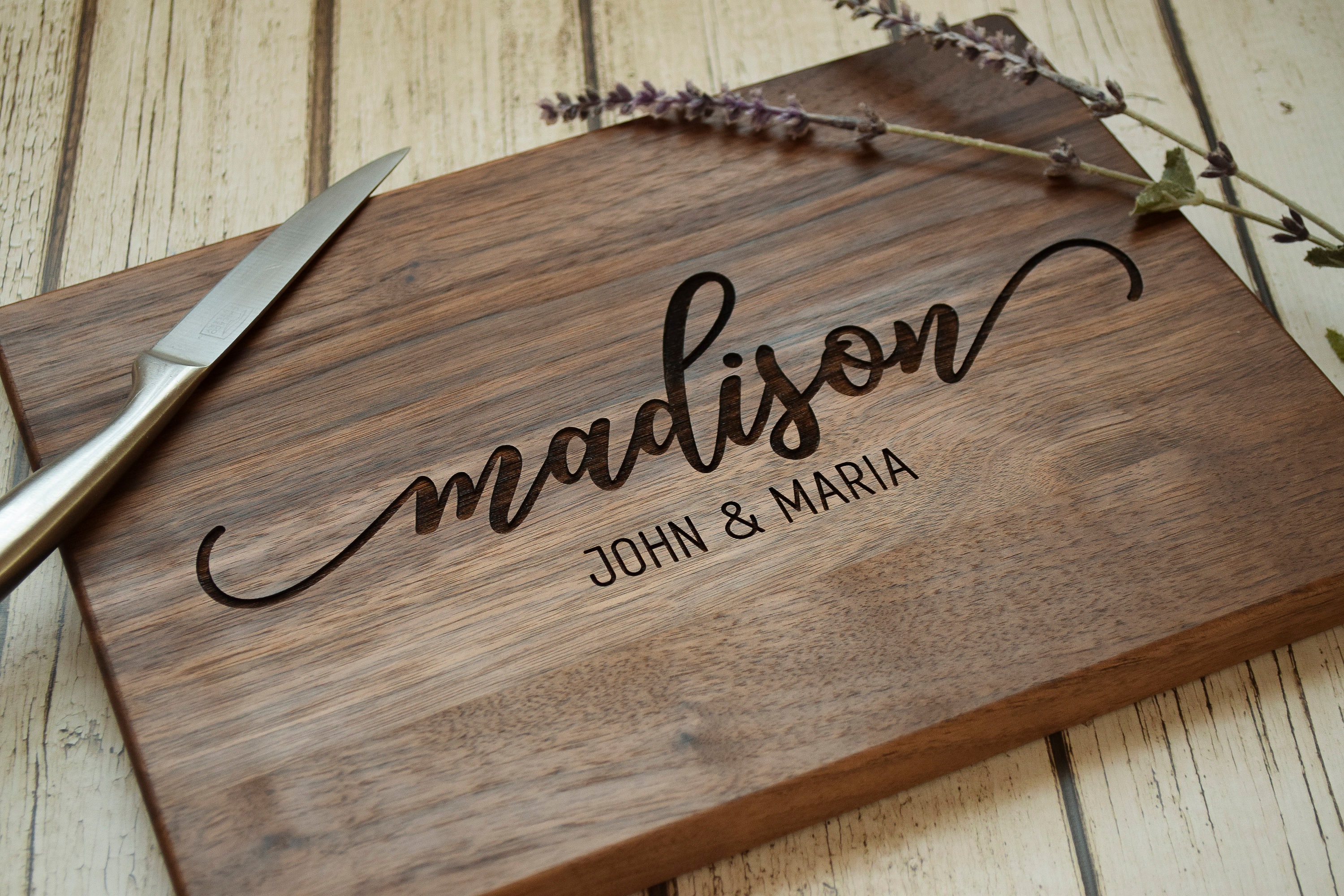 Personalized Engraved Cutting Board for a Couple, Design: L7