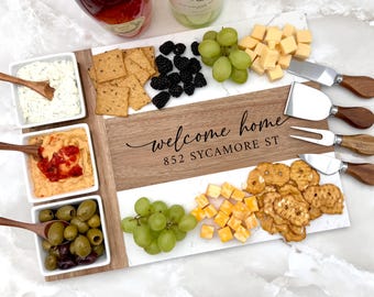 Personalized Marble Charcuterie Board, Acacia Wood, Serving Set
