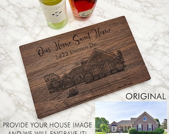 Planche à découper personnalisée pour portrait de maison, dessin au trait de maison gravé personnalisé, cadeau de pendaison de crémaillère, cadeau de clôture pour agent immobilier, adresse personnalisée