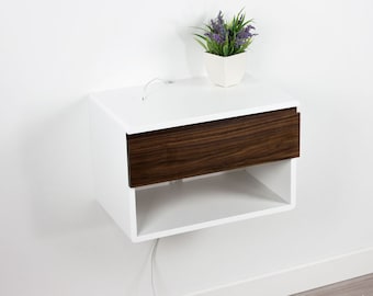 Blanca Walnut Floating Nightstand Shelf – Drawer with Open Shelf, High End Lacquer Finish