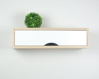 Minimalist Solid Hardwood Floating Entryway Shelf, Wall Cabinet with White Door, Retro Style Mid-Century Modern Floating Cabinet