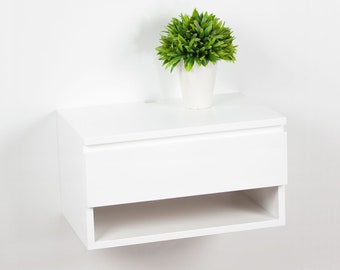 Blanca White Floating Nightstand Drawer Shelf, White Lacquer Finish Bedside Table