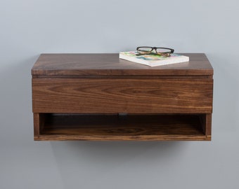 Solid Walnut Floating Nightstand Drawer Shelf, Wall Mount Dresser Table, Floating Vanity