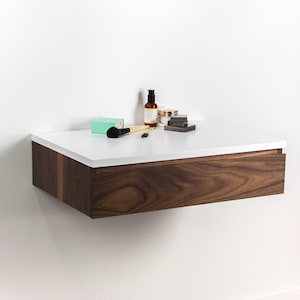 Blanca Solid Walnut Floating Make-up Vanity Drawer, Wall Mount Vanity Desk, Floating Bed Side Table